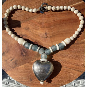 FULA Artisan Necklace Silver-Tone Heart Pendant with Aqua Recycled Glass Stone